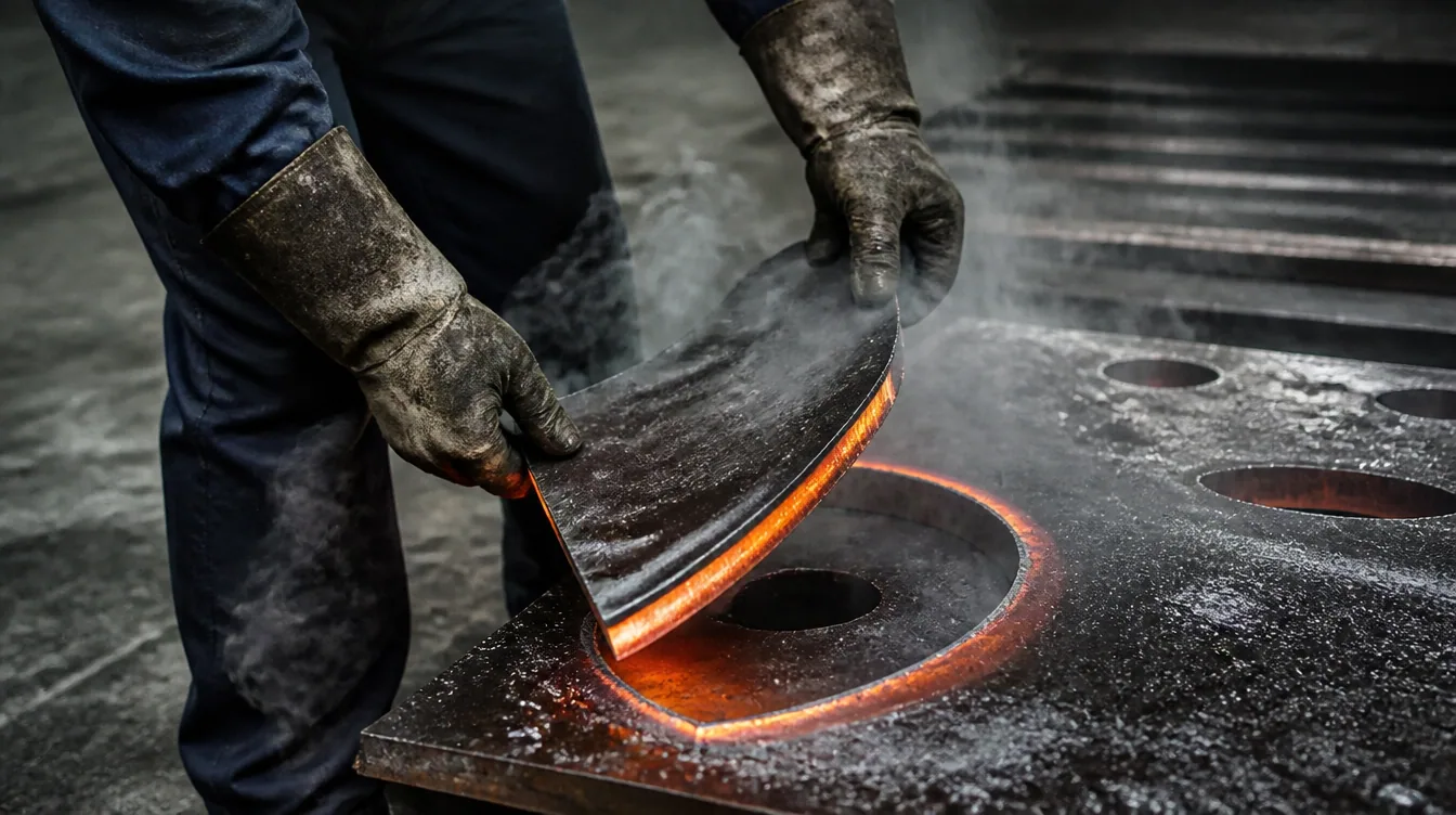 Pieza de acero recién cortada con bordes incandescentes